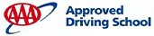 A blue and white logo for an automobile driving school.